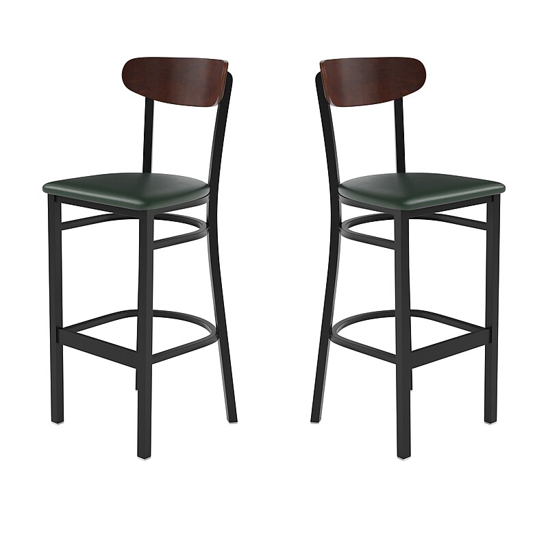 Flash Furniture Wright Transitional Metal Boomerang Back Barstools, Black/Walnut/Green, 2-Pieces/Pack (2XUDG6V6GNVWAL) image 1