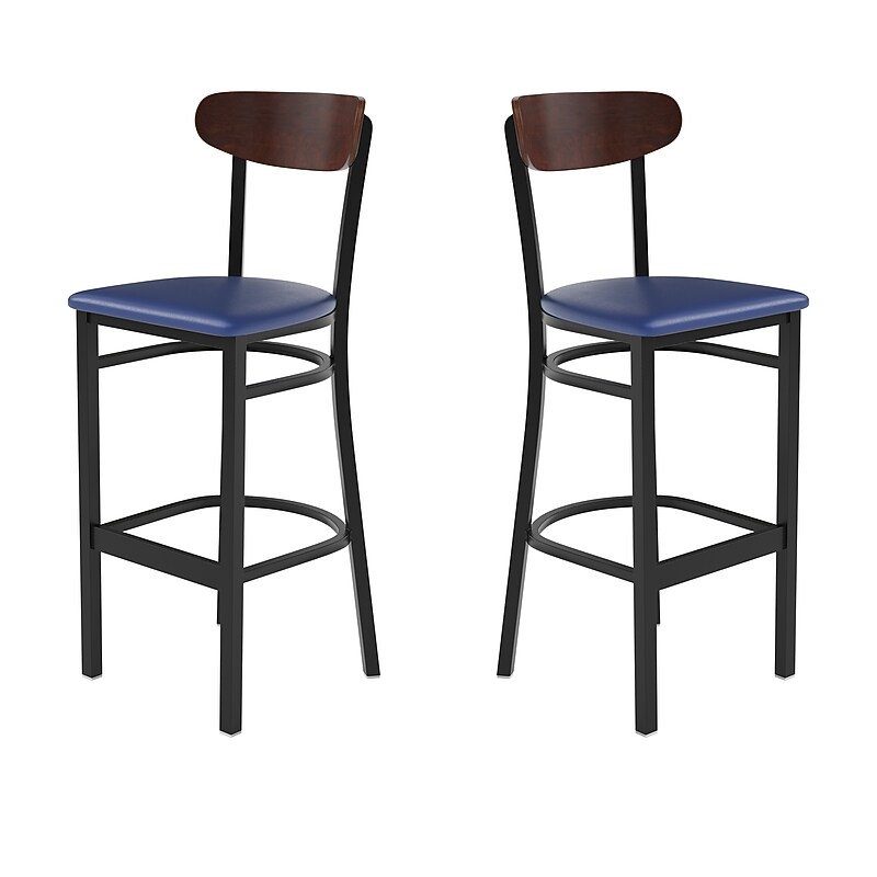 Flash Furniture Wright Transitional Metal Boomerang Back Commercial Barstools, Black/Walnut/Blue, 2-Pieces/Pack (2XUDG6V6BLVWAL) image 1