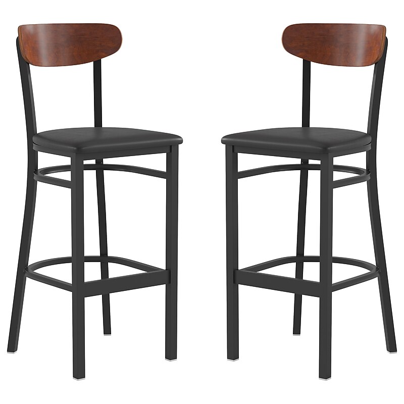Flash Furniture Wright Transitional Metal Boomerang Back Commercial Barstools, Black/Walnut, 2-Pieces/Pack (2XUDG6V6BVWAL) image 1