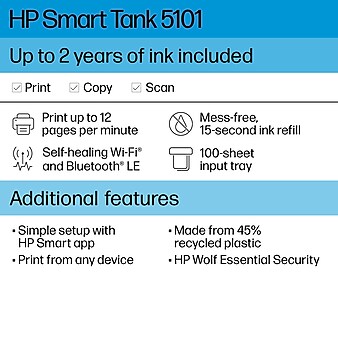 HP Smart Tank 5101 Wireless All-in-One Ink Tank Printer with up to 2 years of ink included (1F3Y0A)