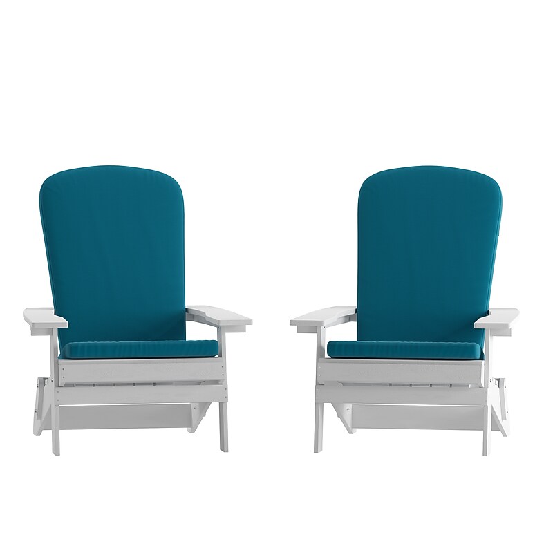 Flash Furniture Charlestown Folding Adirondack Chairs, White with Teal Cushions, 2 Pack (2JJC14505CSTLWH) image 1