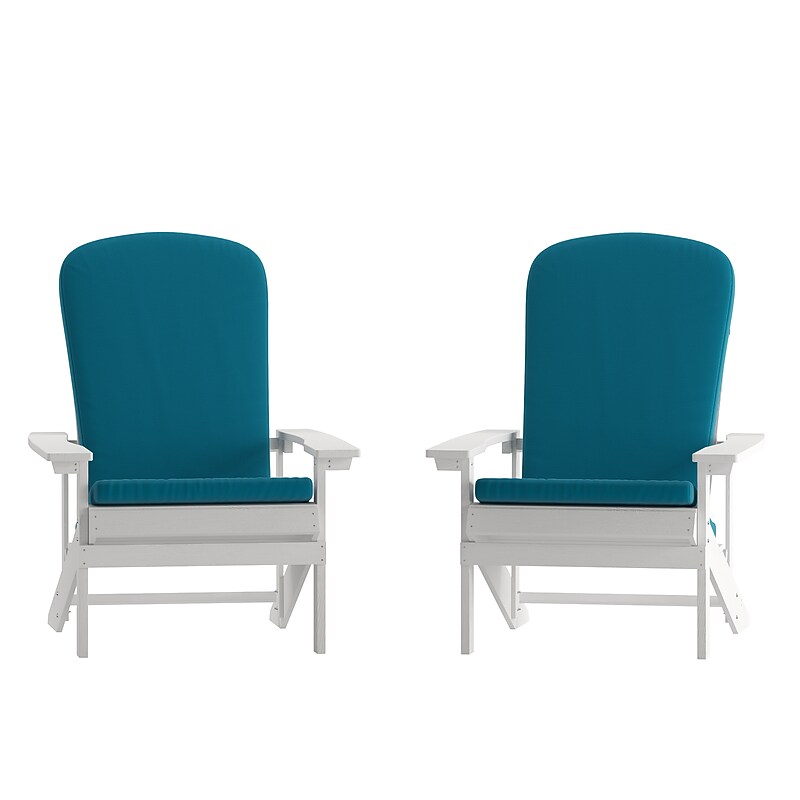 Flash Furniture Charlestown Adirondack Chairs, White with Teal Cushions, 2 Pack (2JJC14501CSTLWH) image 1