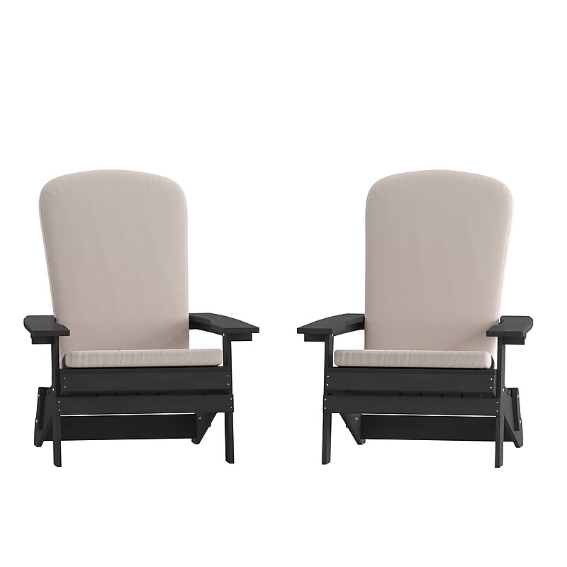 Flash Furniture Charlestown Folding Adirondack Chairs, Black with Cream Cushions, 2 Pack (2JJC14505CSCRBK) image 1