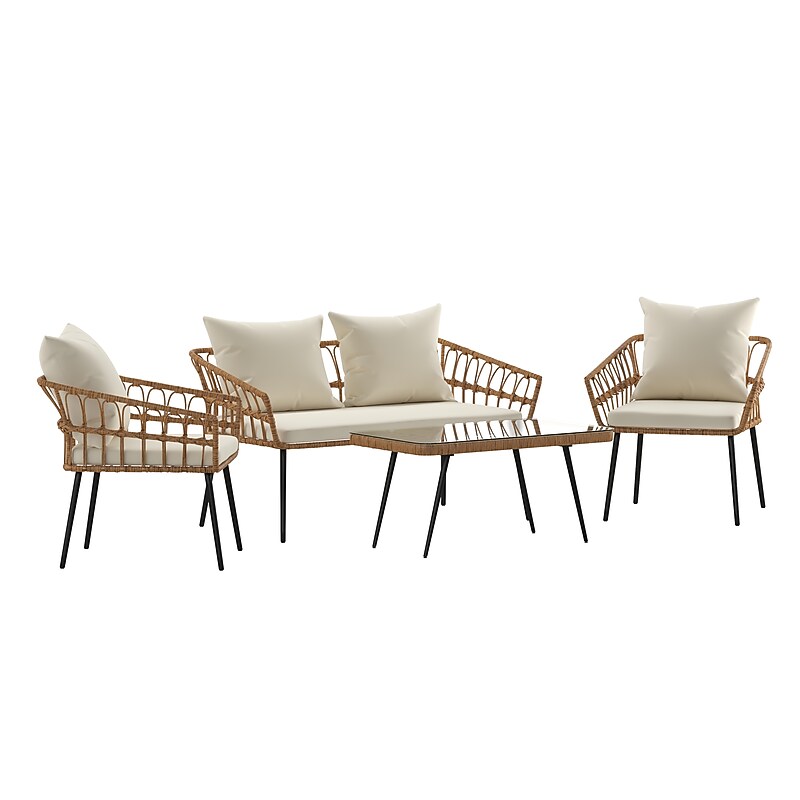 Flash Furniture Evin Indoor/Outdoor Rope Rattan Patio Conversation Set, Cream Cushions, 4 Pieces (SB1960CREAM) image 1