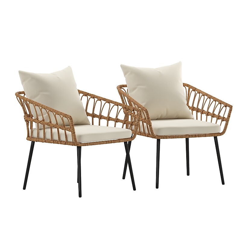 Flash Furniture Evin Indoor/Outdoor Rope Rattan Wicker Patio Chairs, Cream Cushions, 2 Pack (SB1960CHCREAM) image 1