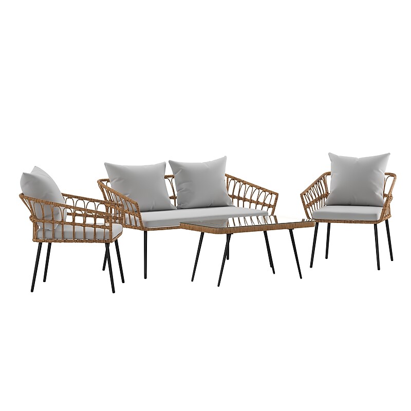 Flash Furniture Evin Indoor/Outdoor Rope Rattan Patio Conversation Set, Gray Cushions, 4 Pieces (SB1960GY) image 1