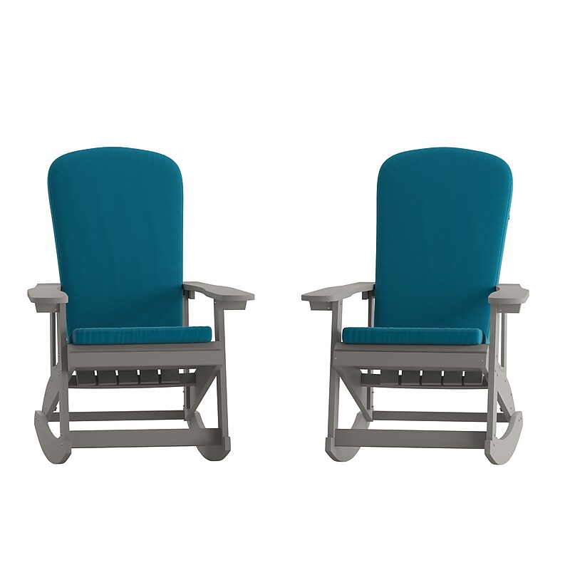 Flash Furniture Savannah Adirondack Rocking Chairs, Gray with Teal Cushions, 2 Pack (2JJC14705CSTLGY) image 1