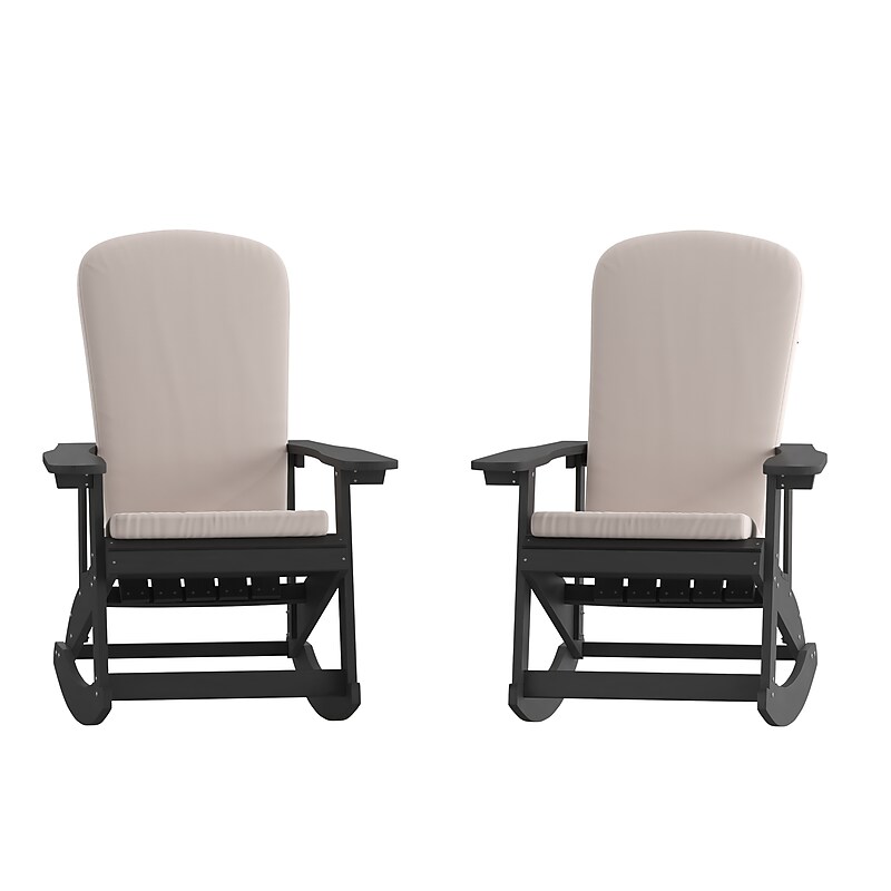 Flash Furniture Savannah Adirondack Rocking Chairs, Black with Cream Cushions, 2 Pack (2JJC14705CSCRBK) image 1