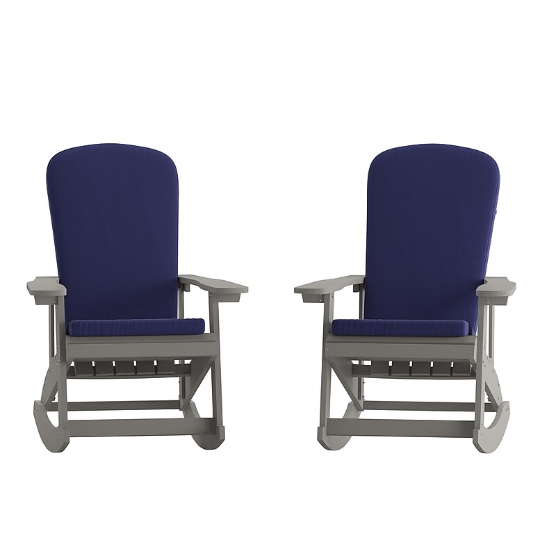Flash Furniture Savannah Adirondack Rocking Chairs, Gray with Blue Cushions, 2 Pack (2JJC14705CSBLGY) image 1