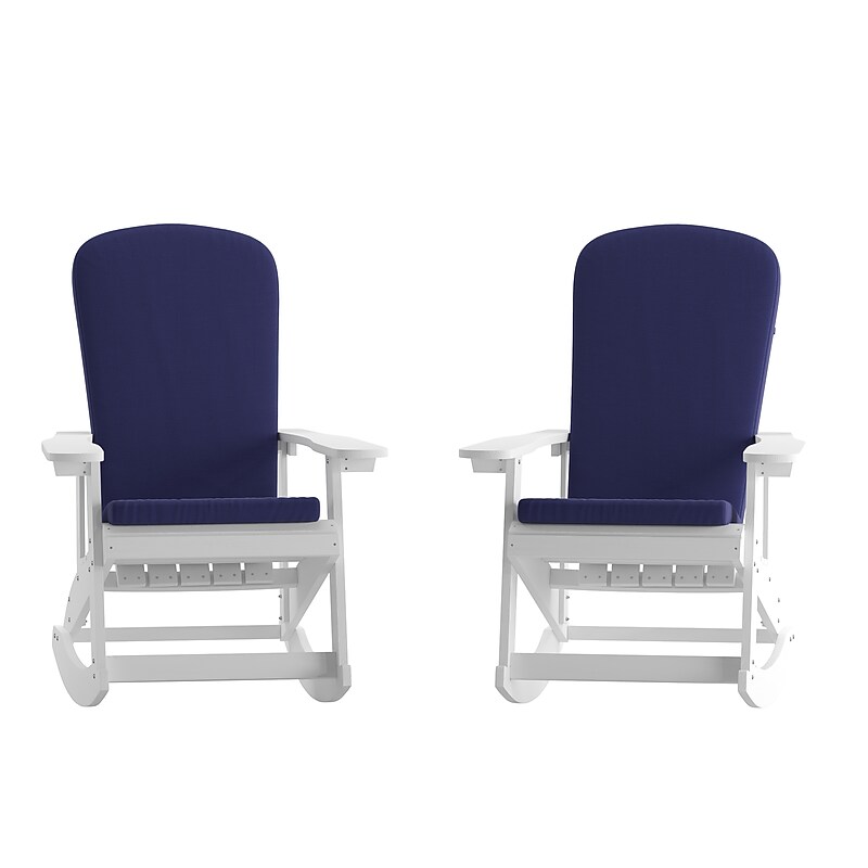 Flash Furniture Savannah Adirondack Rocking Chairs, White with Blue Cushions, 2 Pack (2JJC14705CSBLWH) image 1