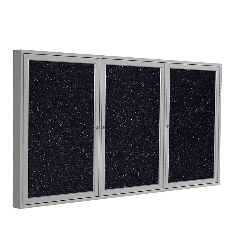 Ghent 4' H x 8' W Enclosed Recycled Rubber Bulletin Board with Satin Frame, 3 Door, Confetti (PA34896TR-CF) image 1