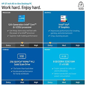 HP 27-cb1006 All-in-One Desktop Computer, Intel Core i5-1235, 8GB Memory, 256GB SSD (577M5AA#ABA)