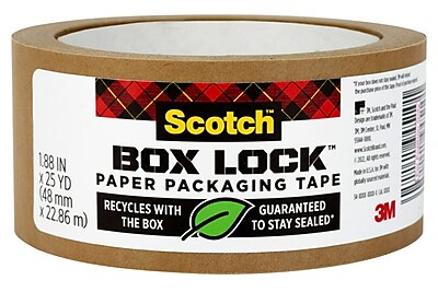 Scotch Box Lock Paper Packaging Tape, 3" Core, 1.88" x 25 yds, Brown