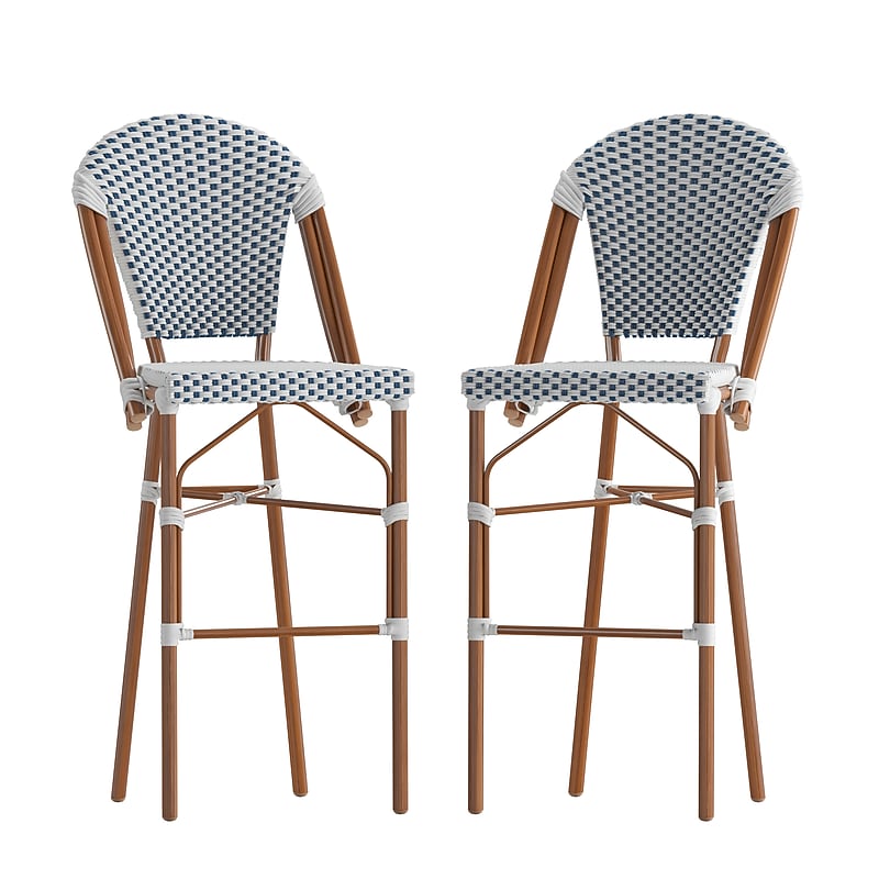 Flash Furniture Lourdes Stackable Indoor/Outdoor French Bistro Barstools, White/Navy, 2 Pack (2SDAD64201FBSWN) image 1
