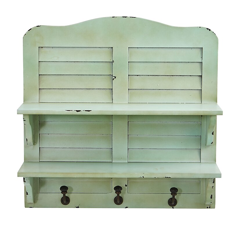 Nearly Natural 2-Shelf 20" Vintage Window Shutter Shelving with Hooks Wall Decor, Green (7034) image 1