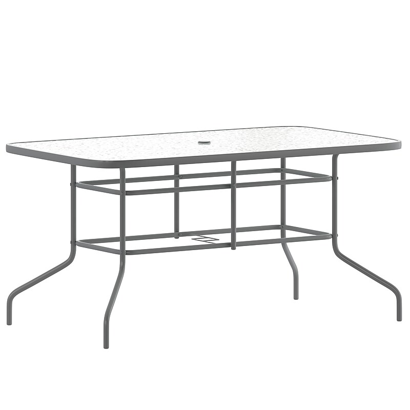 Flash Furniture Tory Rectangular Tempered Glass Metal Table with Umbrella Hole, Silver (TLH089SV) image 1