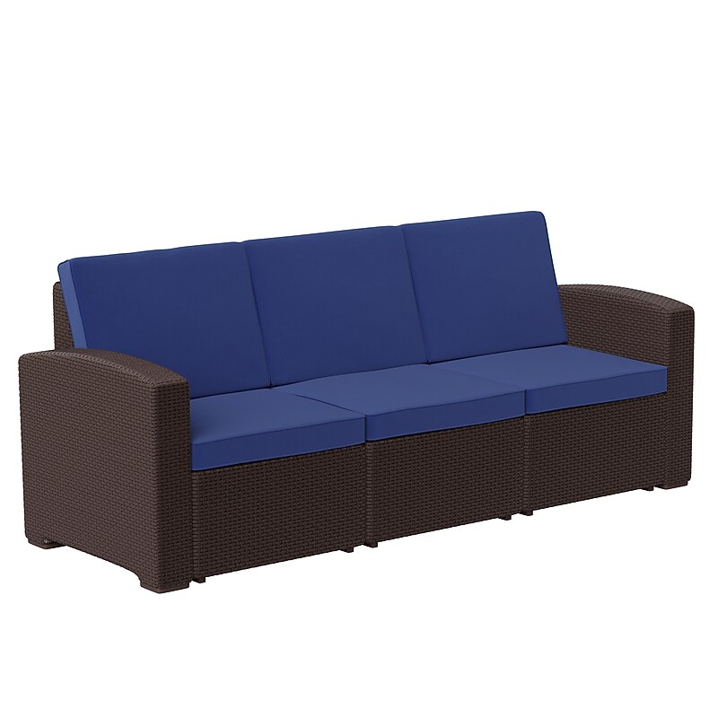 Flash Furniture Seneca Faux Rattan Sofa with All-Weather Cushions, Chocolate Brown/Navy (DADSF13BNNV) image 1