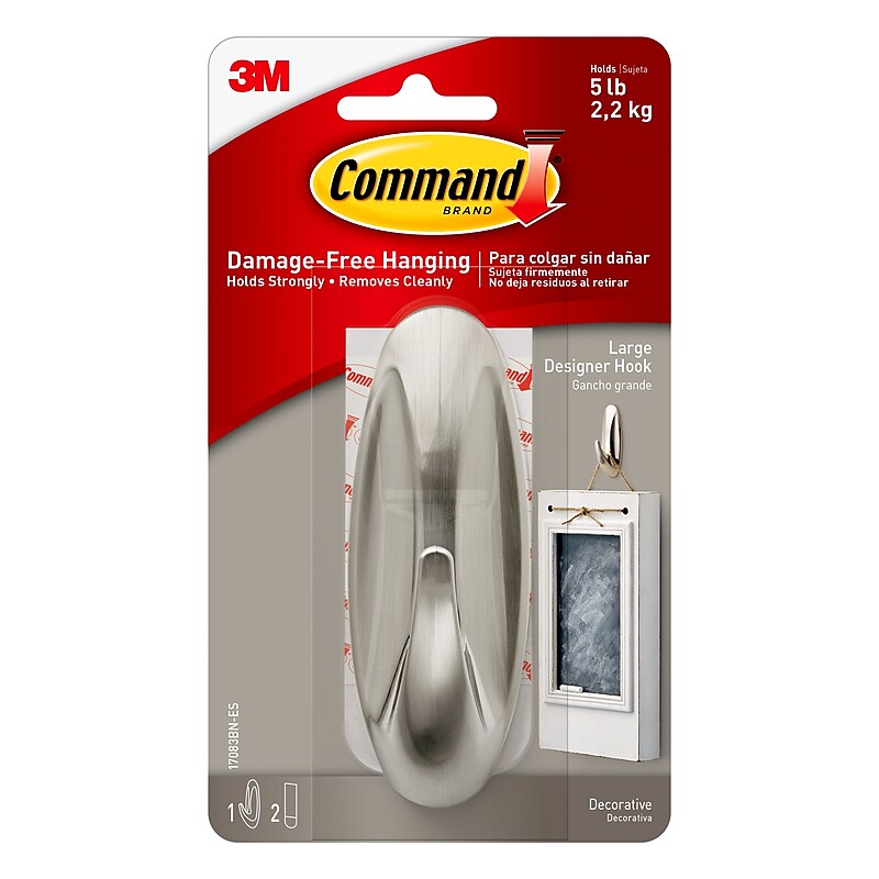 Command Large Designer Hooks, Brushed Nickel, 1 Hook, 2 Strips/Pack (17083BN-ES) image 1