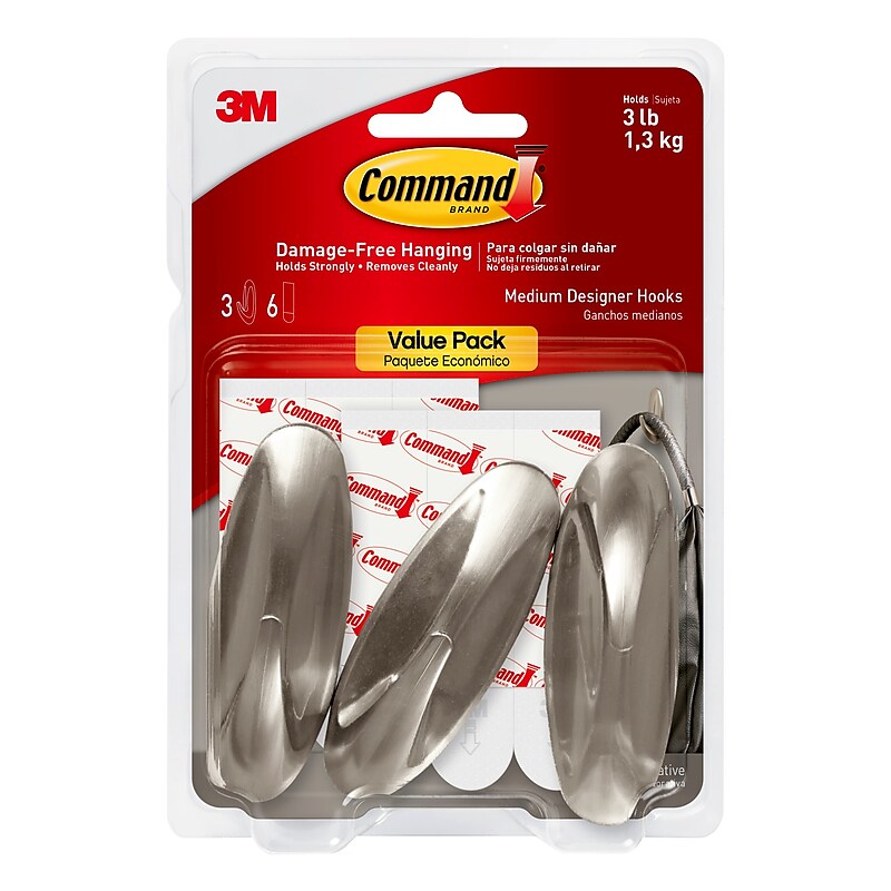 Command Medium Designer Hooks, Brushed Nickel, 3 Hooks, 6 Strips/Pack (17081BN-3ES) image 1