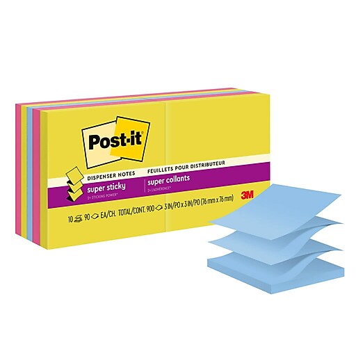 Postit Super Sticky Popup Notes, 3" x 3", Summer Joy Collection, 90 Sheet/Pad, 10 Pads/Pack