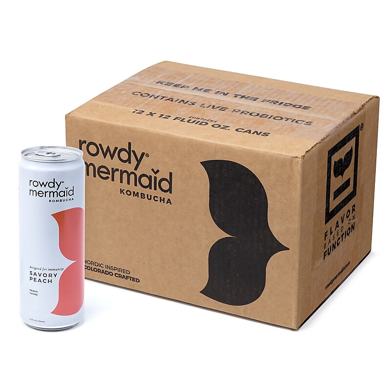 Rowdy Mermaid Organic Savory Peach Kombucha, 12 Oz, 12/Box (307-00390) image 1