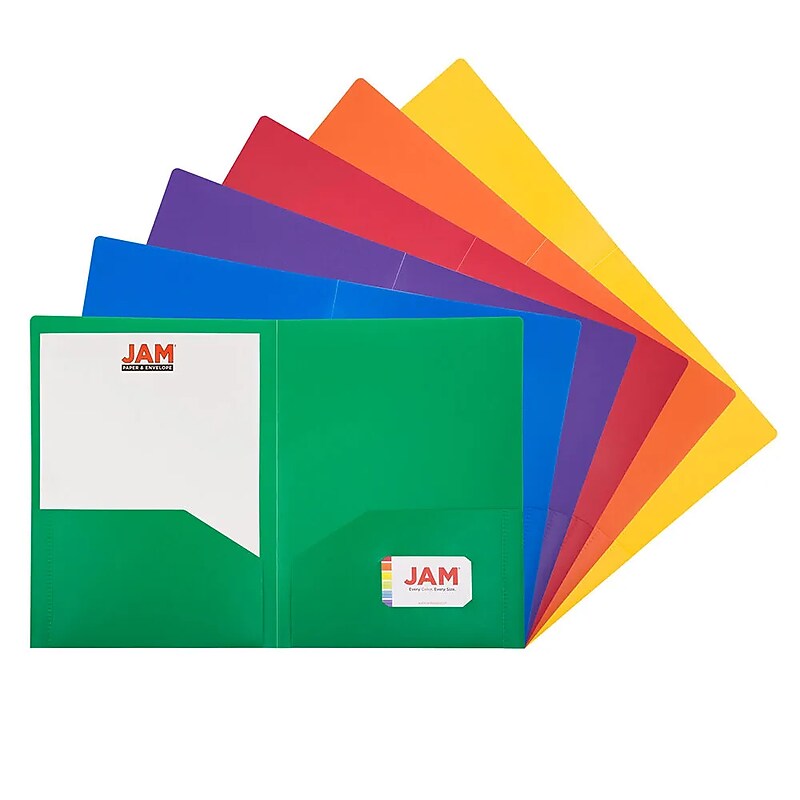 JAM Paper A4 Heavy Duty 2-Pocket Plastic Presentation Folders, Multicolored, Assorted Primary Colors, 6/Pack (383HASRTPRA4) image 1