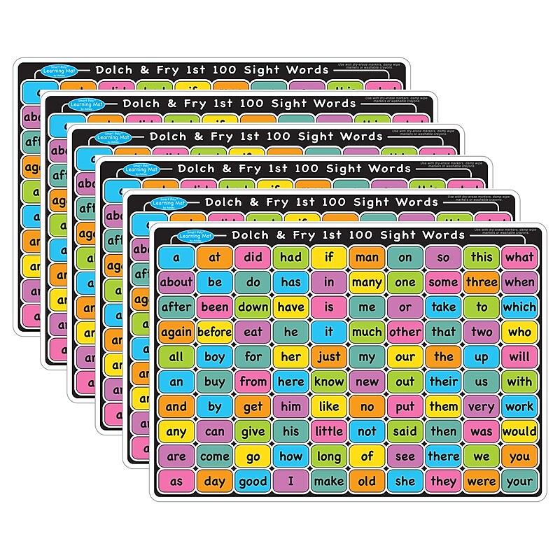 Ashley Productions Smart Poly Learning Mat, 12" x 17", Double-Sided, Sight Words 1st & 2nd 100, Pack of 6 (ASH95005-6) image 1