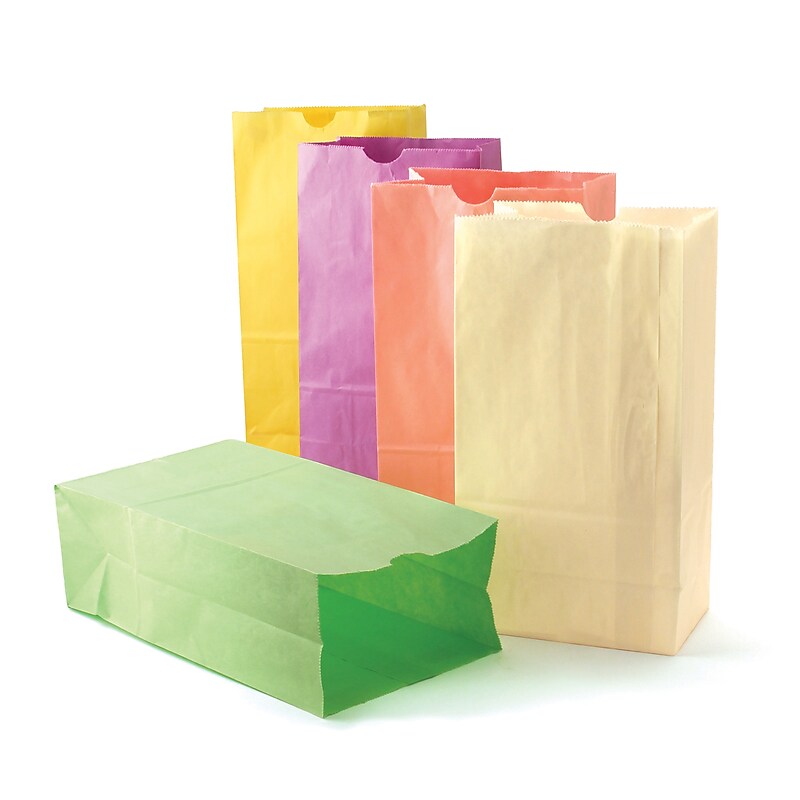Hygloss Gusseted Flat Bottom Paper Bags, Size #6, Pastel Assorted Colors, 28/Pack, 3 Packs (HYG66289-3) image 1