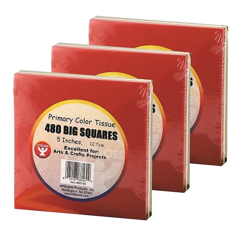 Hygloss Tissue Paper Squares, 5", Primary Colors, 480 Per Pack, 3 Packs (HYG88169-3) image 1