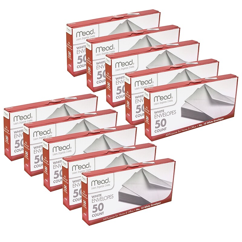 Mead® White Gummed Business Envelopes, 4 1/8 x 9 1/250#10, 50 Per Pack, 10 Packs (MEA75050-10) image 1