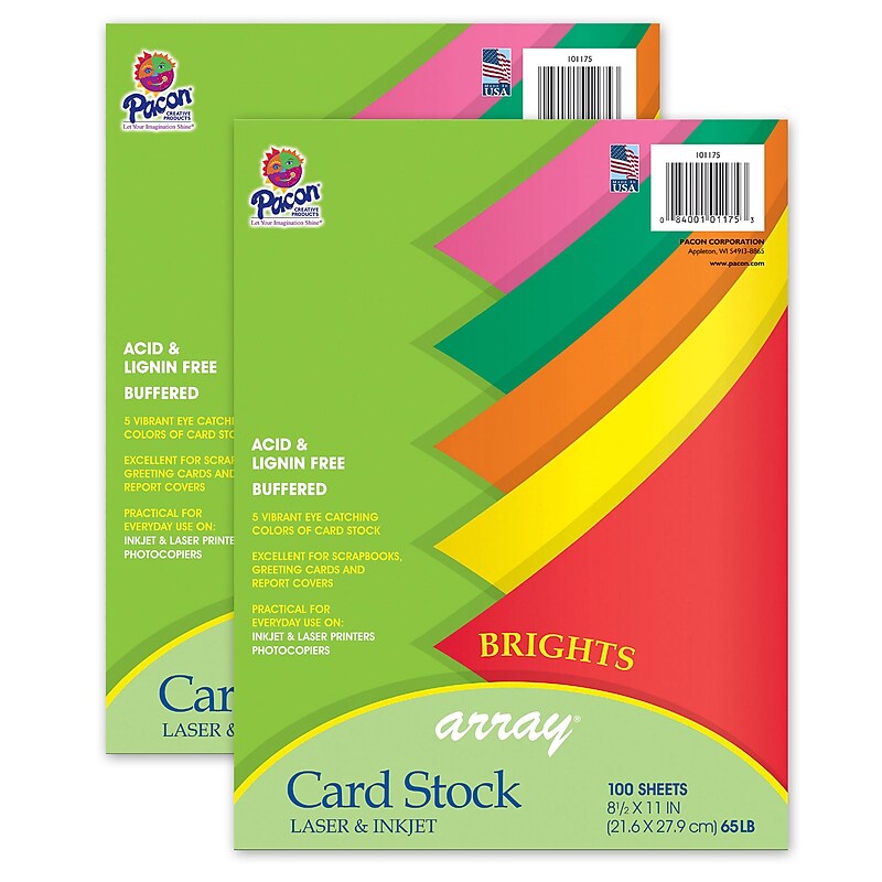 Pacon Bright Card Stock, 5 Assorted Colors, 8-1/2" x 11", 100 Sheets Per Pack, 2 Packs (PAC101175-2) image 1