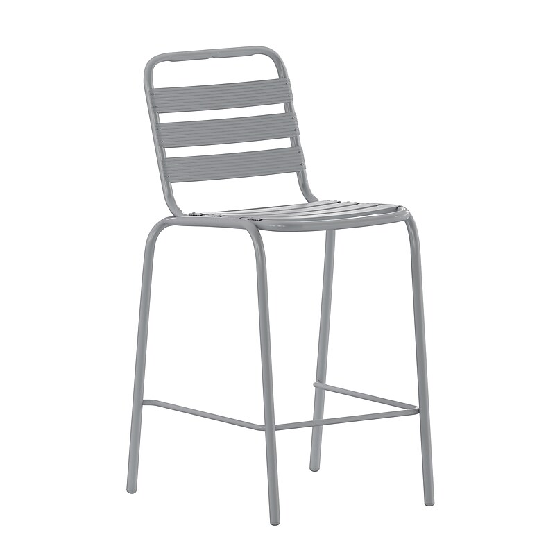 Flash Furniture Lila Indoor-Outdoor Restaurant Bar Height Stool with Slat Back, Silver (TLH015H) image 1