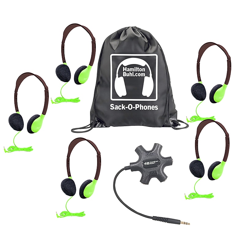 HamiltonBuhl Galaxy Econo-Line of Sack-O-Phones: 5 Green Headphones, Starfish Jackbox, and Carry Bag (HECGJB5HA2GRN) image 1