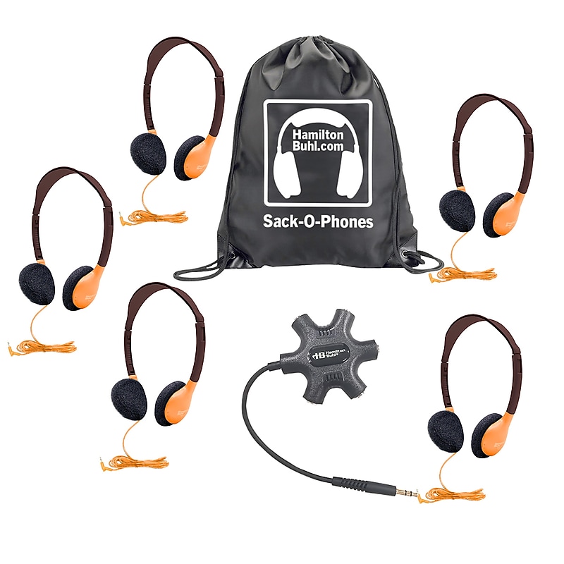 HamiltonBuhl Galaxy Econo-Line of Sack-O-Phones: 5 Orange Headphones, Starfish Jackbox, and Carry Bag (HECGJB5HA2ORG) image 1