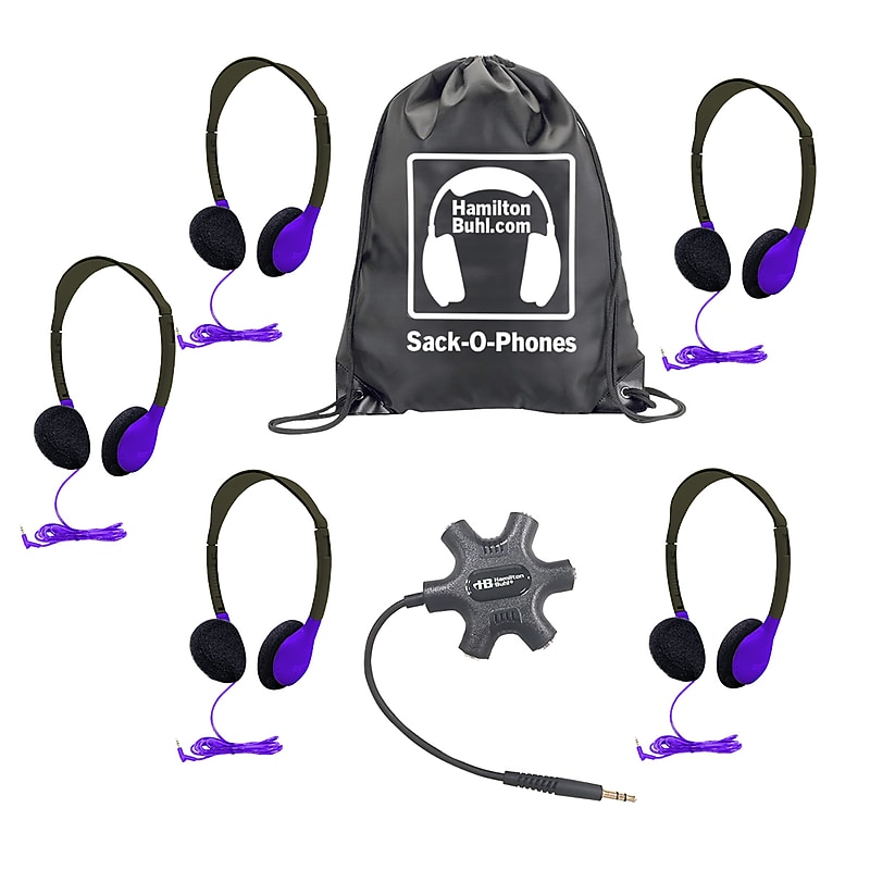 HamiltonBuhl Galaxy Econo-Line of Sack-O-Phones: 5 Purple Headphones, Starfish Jackbox, and Carry Bag (HECGJB5HA2PPL) image 1
