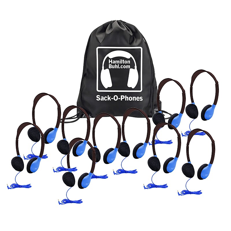 HamiltonBuhl Sack-O-Phones, 10 Personal Headphones in a Carry Bag, Blue (HECSOPHA2BLU) image 1