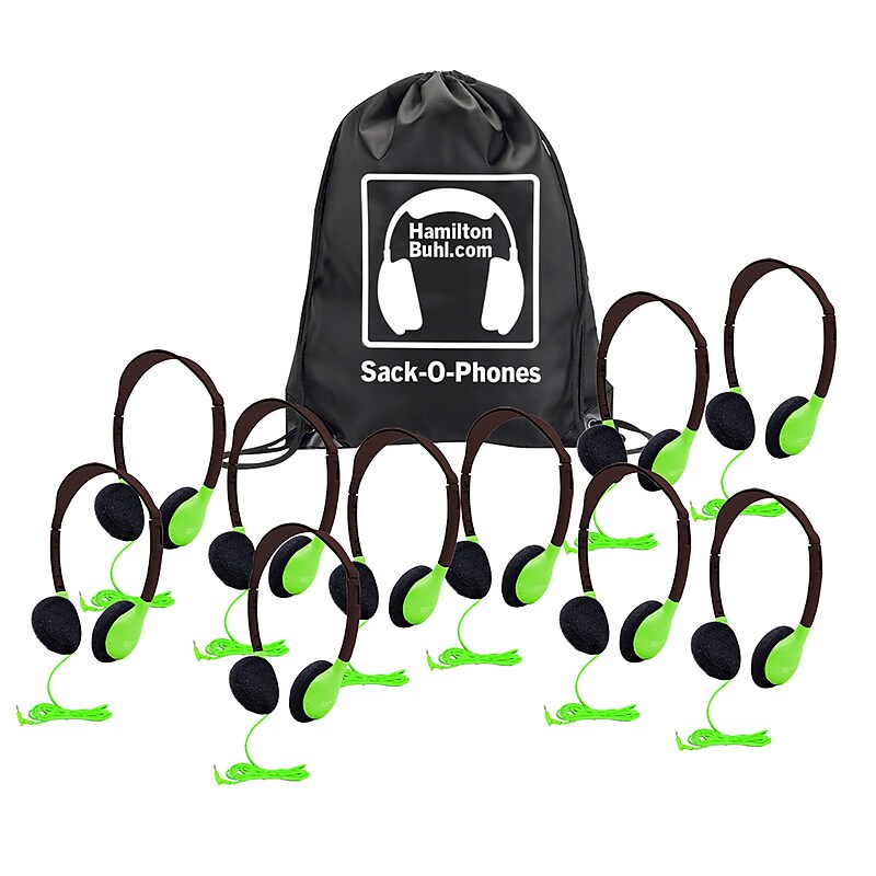 HamiltonBuhl Sack-O-Phones: 10 Personal Headphones in a Carry Bag, Green (HECSOPHA2GRN) image 1