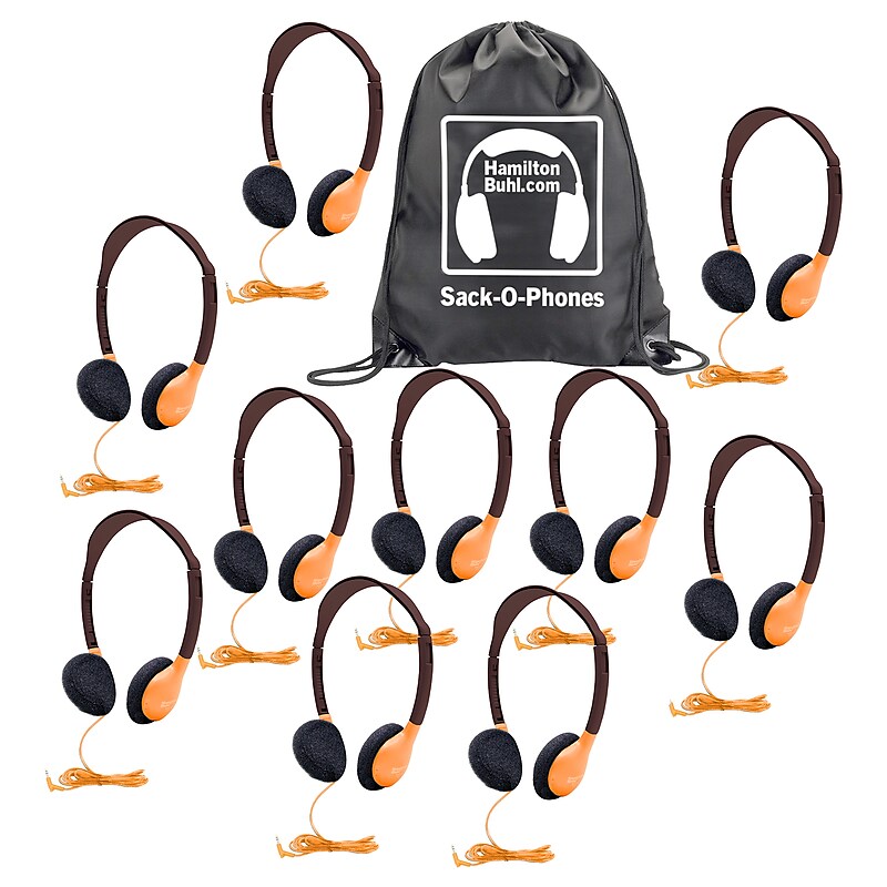 HamiltonBuhl Sack-O-Phones: 10 Personal Headphones in a Carry Bag, Orange (HECSOPHA2ORG) image 1