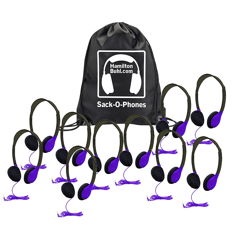 HamiltonBuhl Sack-O-Phones: 10 Personal Headphones in a Carry Bag, Purple (HECSOPHA2PPL) image 1