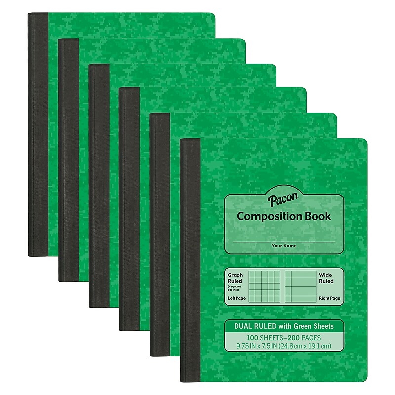 Pacon Dual Ruled 1-Subject Composition Notebooks, 9.75" x 7.5", Grid & Wide Ruled, 100 Sheets, Green, 6/Bundle (PACMMK37162-6) image 1