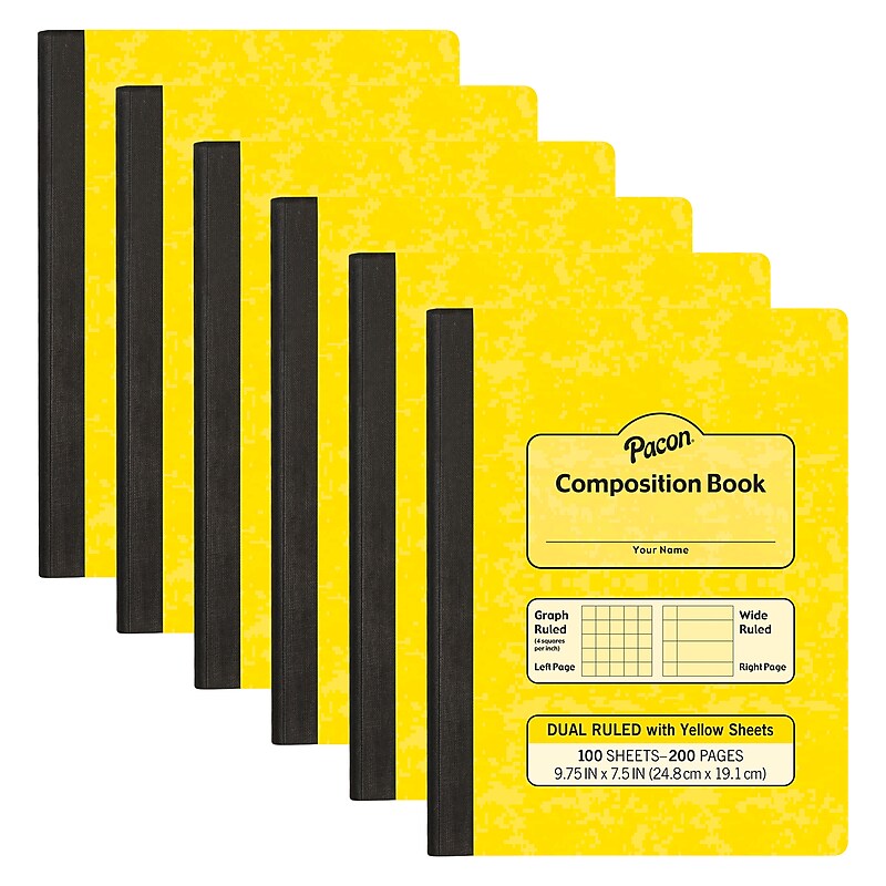 Pacon Dual Ruled 1-Subject Composition Notebooks, 9.75" x 7.5", Grid & Wide Ruled, Yellow, 100 Sheets, 6/Bundle (PACMMK37163-6) image 1