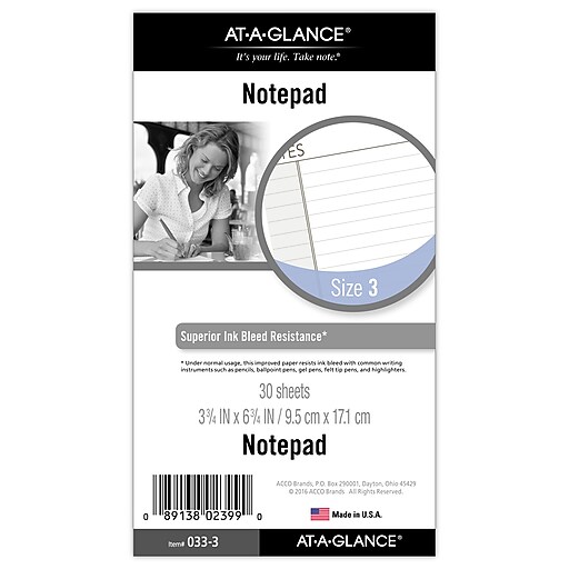 ATAGLANCE Notepad Refill, 3.75"W x 6.75"H, Narrow Ruled, White, 30