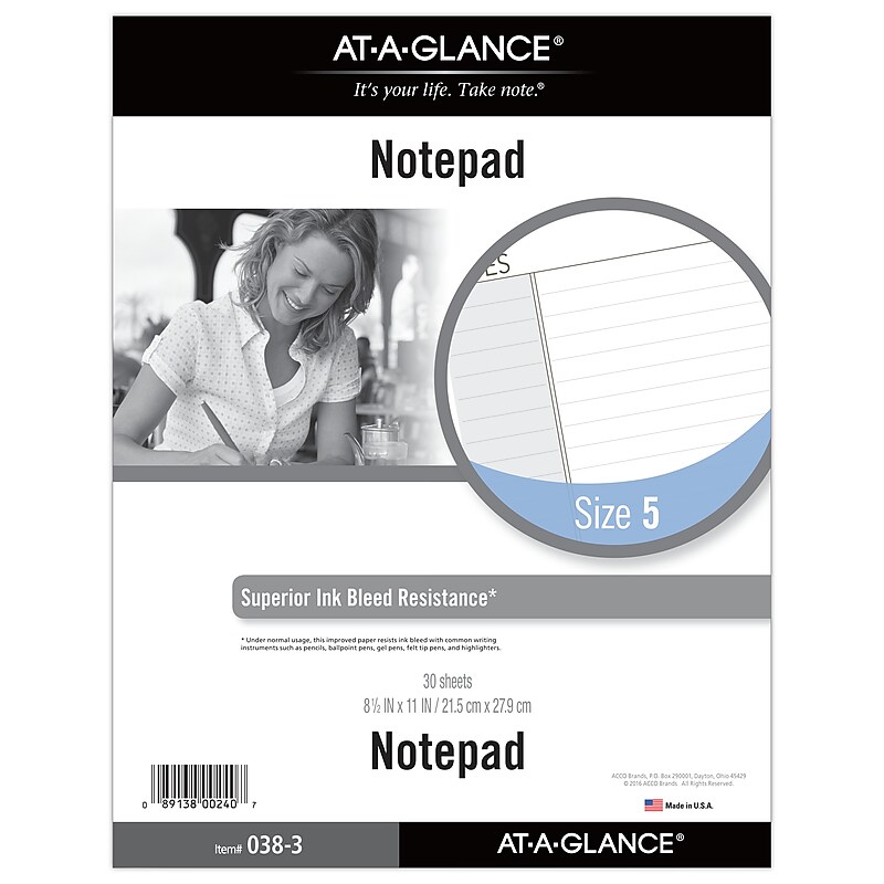 AT-A-GLANCE Notepad Refill, 8.5"W x 11"H, Narrow Ruled, White, 30 Sheets/Pad (038-3) image 1