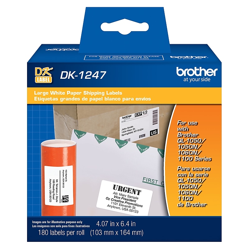 Brother DK-1247 Large Shipping Paper Labels, 6-4/10" x 4-7/100", Black on White, 180 Labels/Roll (DK-1247) image 1
