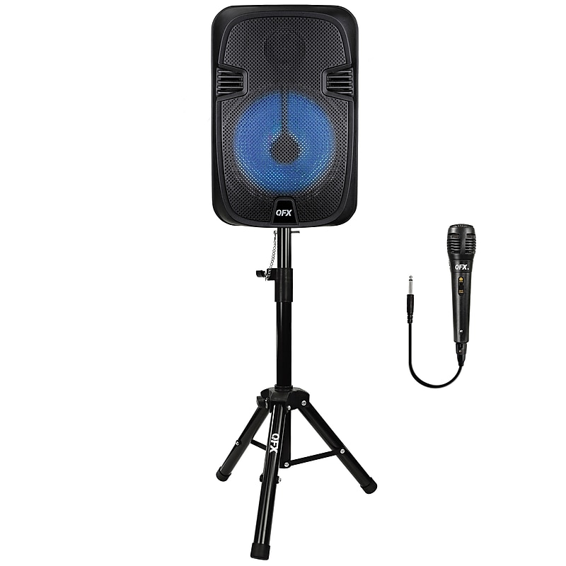 QFX 12-In. True Wireless Stereo Bluetooth Rechargeable Speaker with Wired Microphone & Stand, Black (PBX-1206SM) image 1