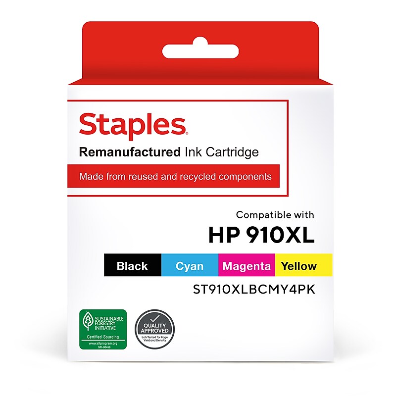 Staples Remanufactured Black/Cyan/Magenta/Yellow High Yield Ink Cartridge Replacements for HP 910XL (ST910XLBCMY4PK), 4/Pack image 1