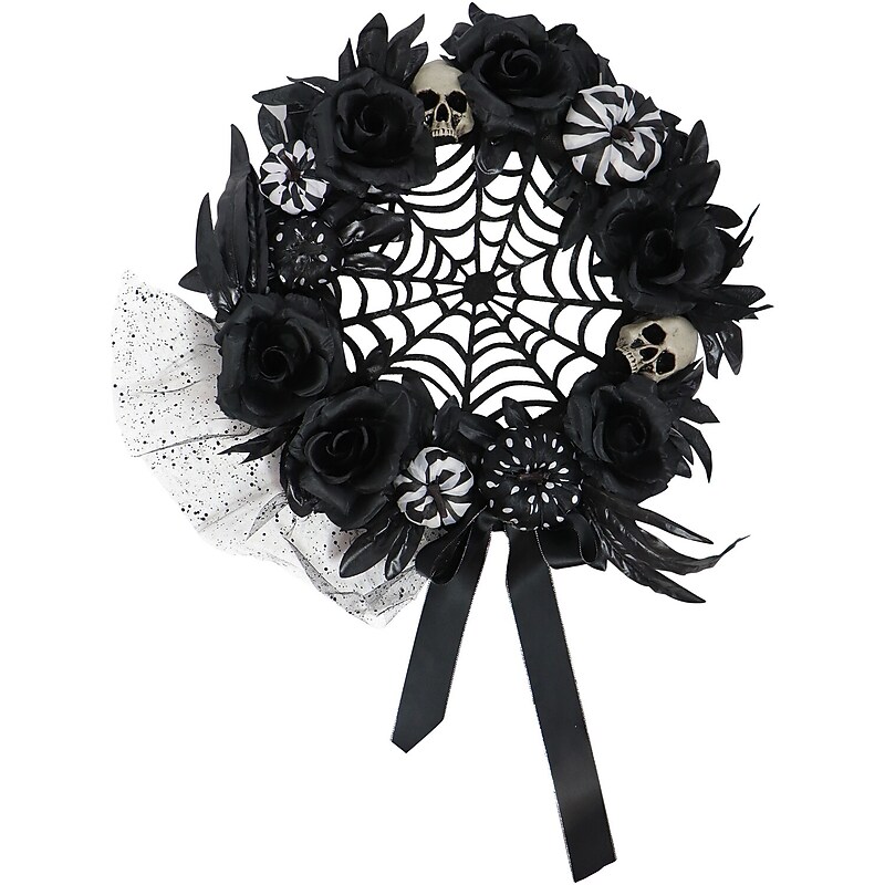 Haunted Hill Farm 15" Black & White Floral Wreath (HHSPD-2WRTH) image 1