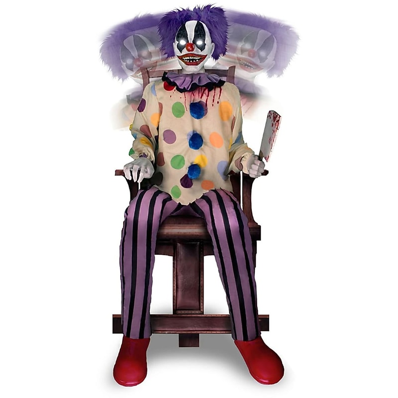 Haunted Hill Farm Motion-Activated Thrashing Clown with a Meat Cleaver Sitting Halloween Decoration (HHSTCLOWN-3FLSA) image 1
