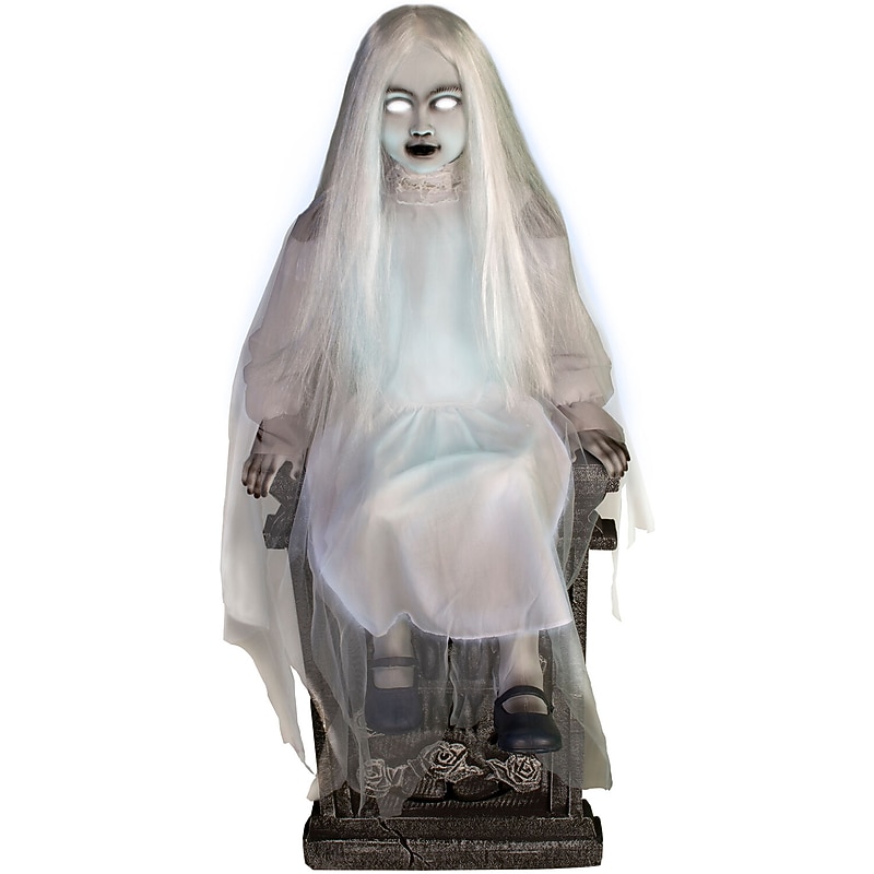 Haunted Hill Farm Motion-Activated Talking Sitting Tombstone Girl (HHSTMBGRL-1FLSA) image 1