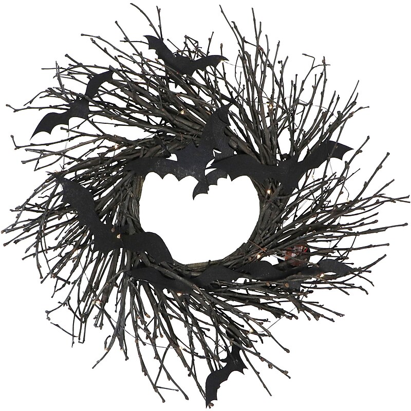 Haunted Hill Farm 15" Black Twig Wreath with Lights & Flying Bats (HHWRTHBAT-1BR) image 1